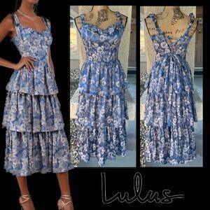 Lulus Lovely Bliss Lace-Up Back Bustier Blue Floral Jacqurd Midi dress Size L